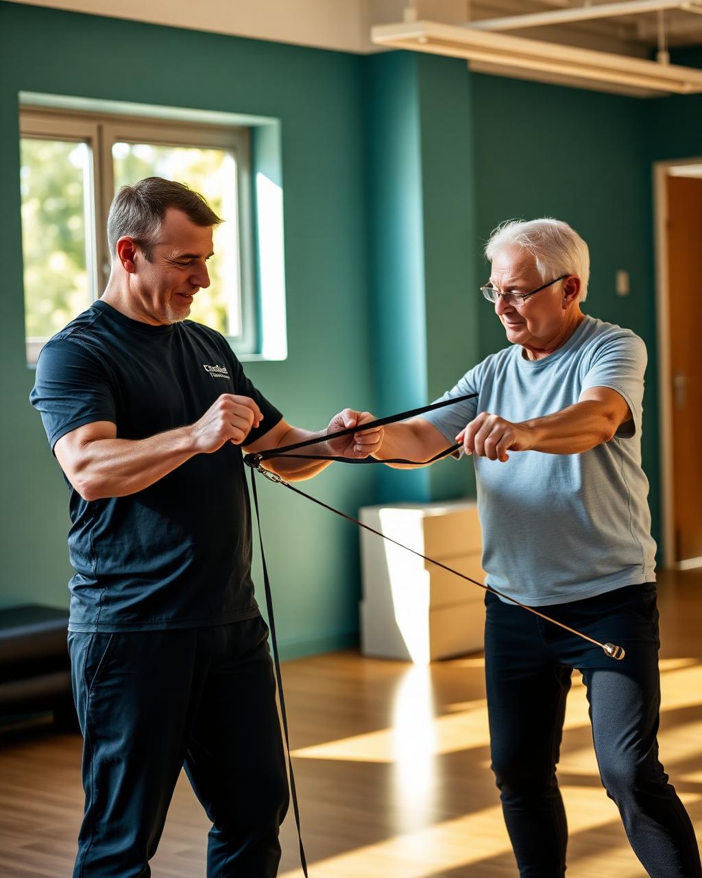 Personal trainer guiding a client through a rehabilitation exercise