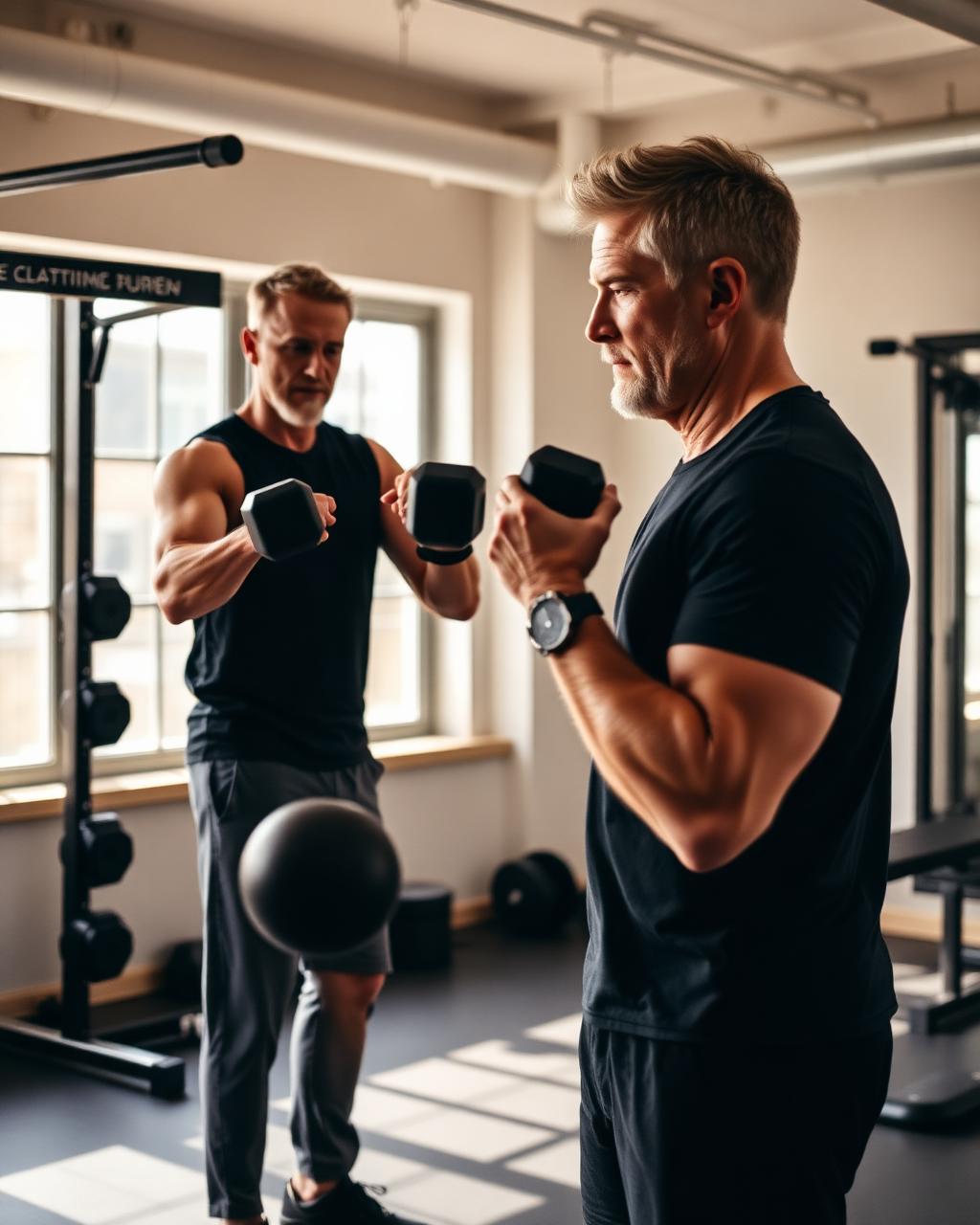 Personal trainer coaching a client through a dumbbell strength exercise